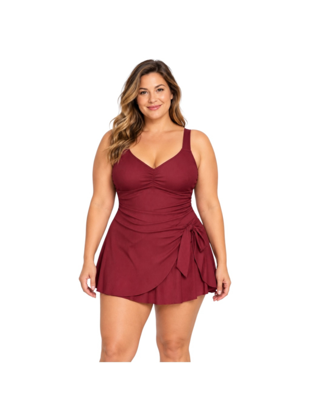 Aidonger Burgundy Ribbed One Piece Swimdress Side Tie XL NWT